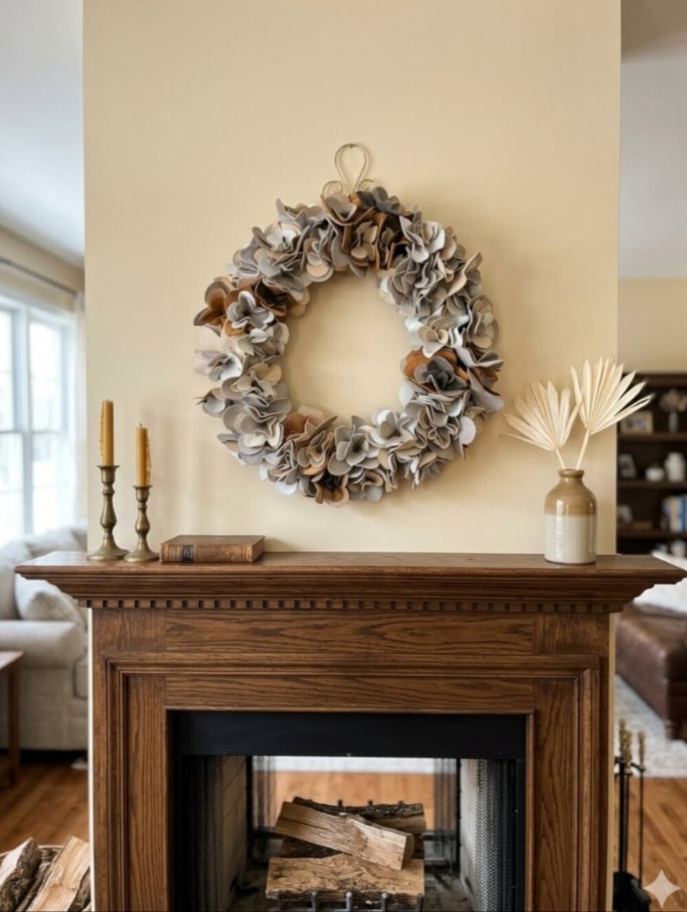 Handmade Leather Flower Rosette Wreath-14" Ivory/Tan